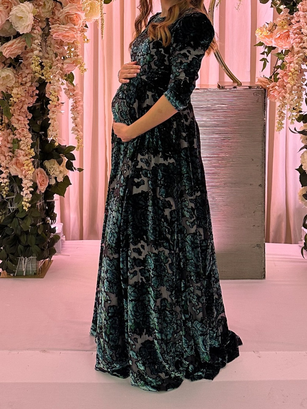 Velvet Floral Burnout Maternity Maxi Dress in Teal and Black